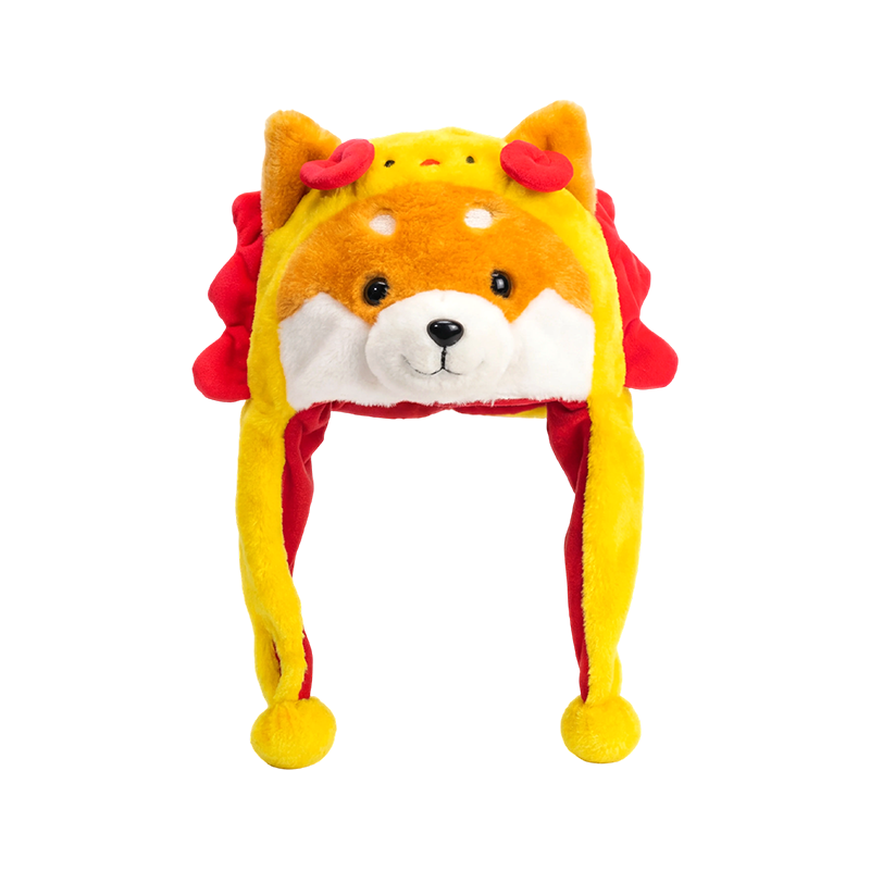 Yellow shiba with red-mane plush hat