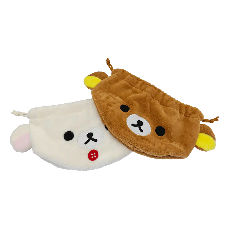 2-Piece Simple Face Bear Plush Drawstring Pouch Set, Minimal Bear Plush Drawstring Bag