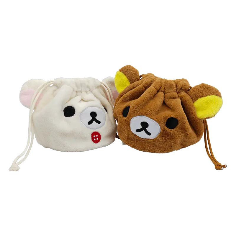 2-Piece Bear Plush Drawstring Pouch Set, Minimal Bear Drawstring Bag