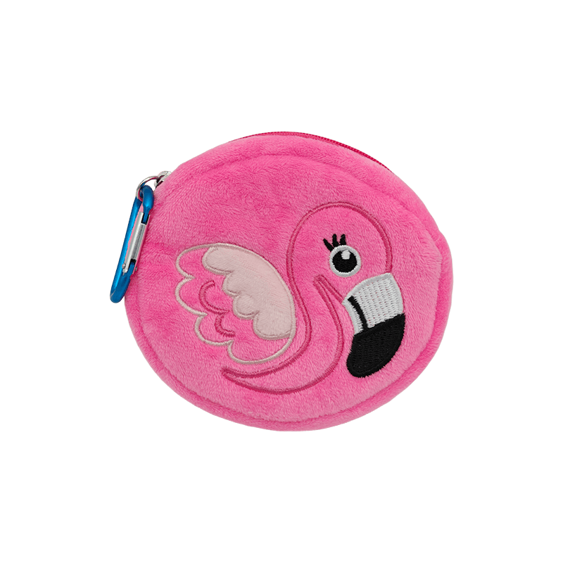 Pink Flamingo Plush Zipper Coin Purse, attached to backpacks keychains or handbags