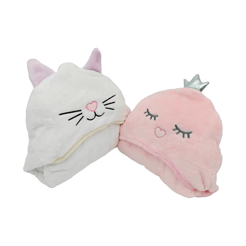 Cute Cat Embroidered Hooded 2-in-1 Plush Wearable Cloak Blanket Soft Coral Fleece Throw for Home Office Nap